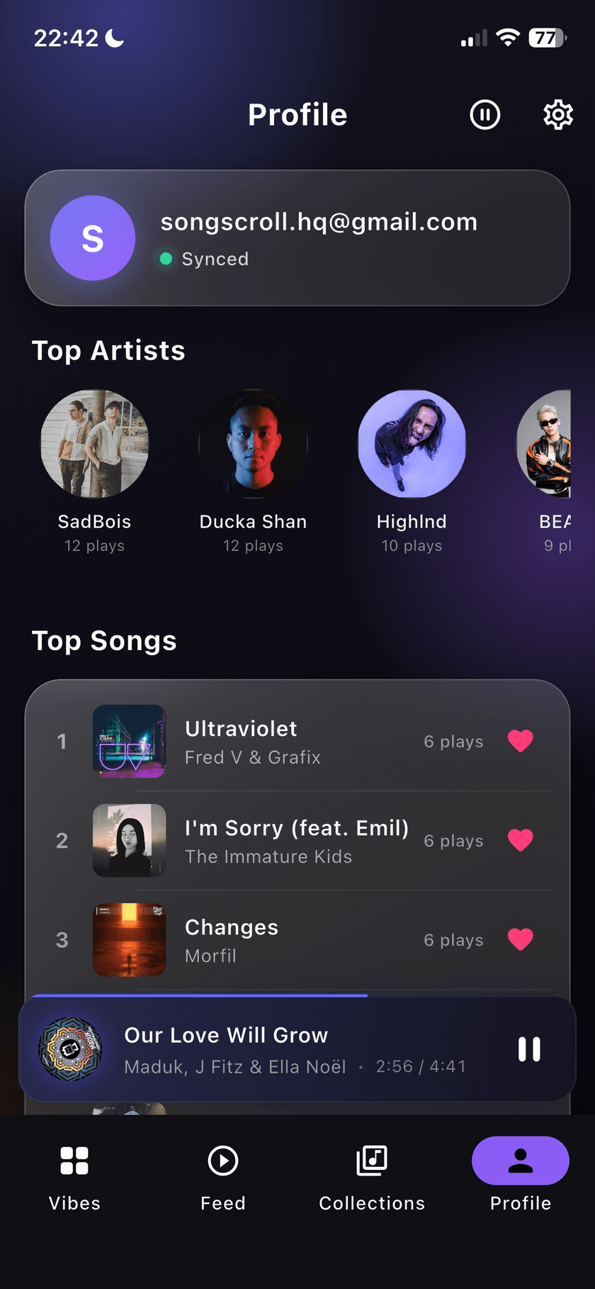 SongScroll profile: listening stats, top artists, and top songs